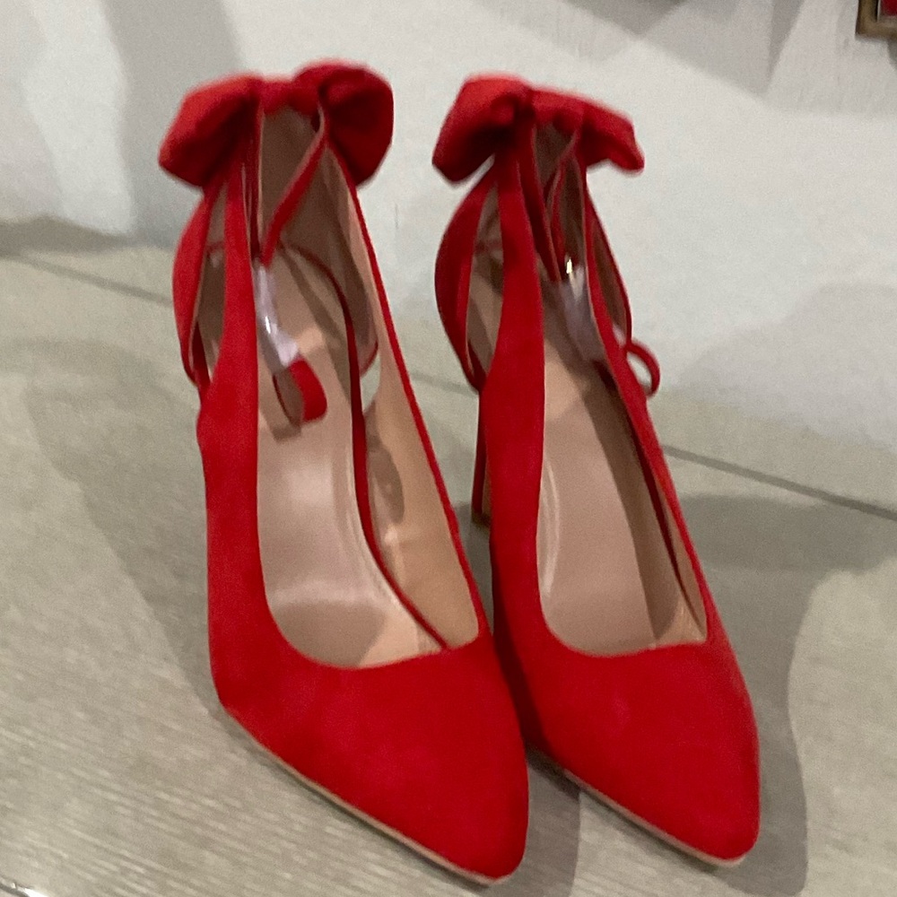 🆕ZBY Red Suede Heels with Bow… 9